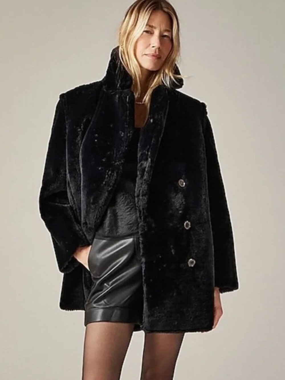 NWT J.Crew Black Faux Fur Pea Coat $300 Retail